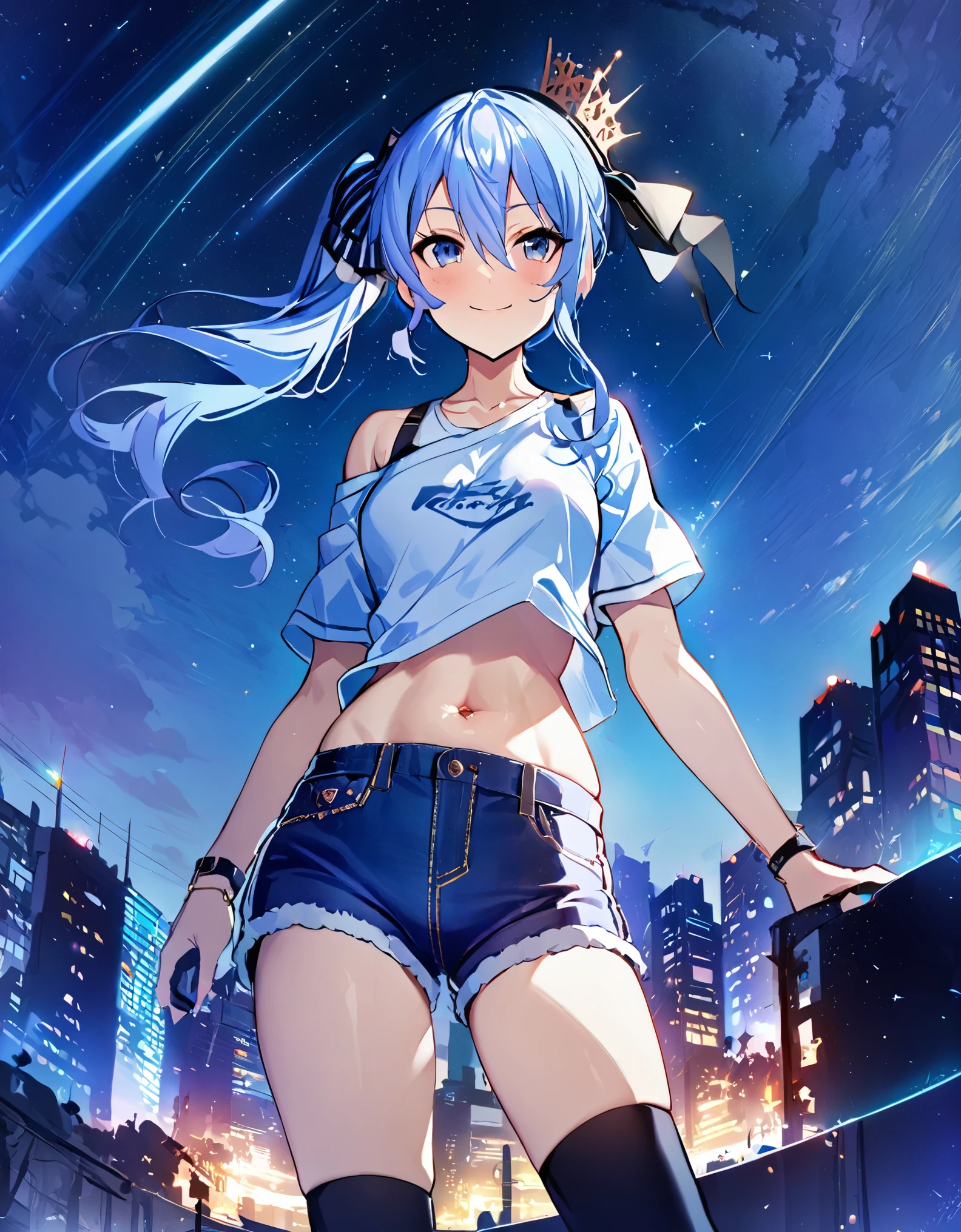 (8k、Best image quality、highest quality、masterpiece)、Detailed face、 1teen_girl、Blue Hair、Long Hair、sideponytail、dark_blue_eyes、smile,(navel_peek)、(small_breasts:0.8),(White_short_T-shirt:1.3)、Off the shoulder、Black shoulder straps、(open_front_shorts,denim_short_shorts:1.2)、City Background, starry_sky_landscape ,hoshimachi suisei,(covered_nipples:0.3), (belly_button:1.2),nihil,solo,stargaze,girl_looking_up_sky,slender,solo,boots,abs, tight_waist, point_to_sky