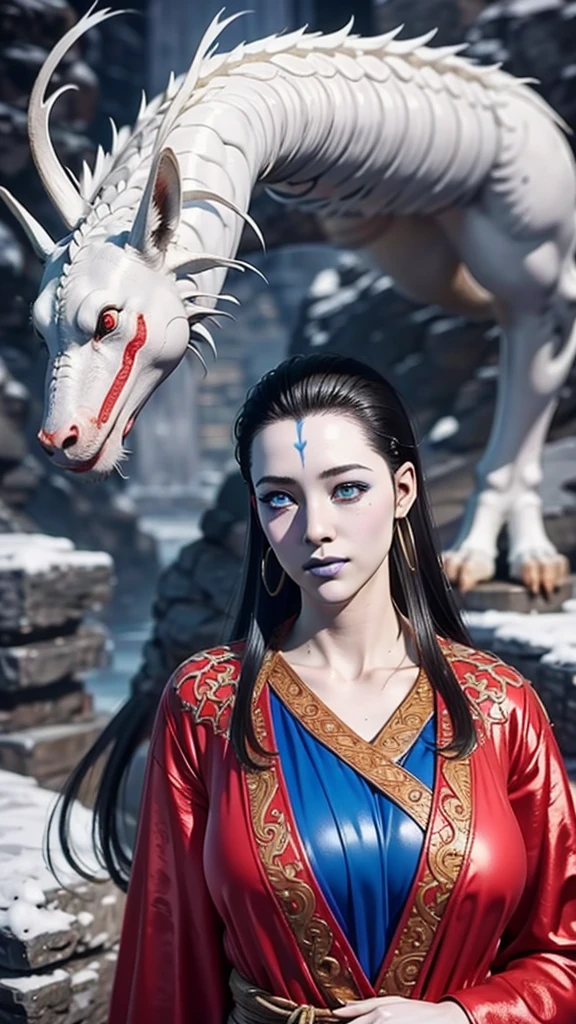 (（（Perfect body,White and tender skin,（（（Wearing a blue and red robe）））,(（（Black Myth: Wukong - Kang Jinlong，forehead mark，Blue marks on the forehead, rings on both ears,））),((masterpiece)),highres,((Best quality at best)),masterpiece,quality,Best quality,(（（ Exquisite facial features,Looking at the audience,There is light in the eyes, ）））,Huge breasts，A huge white dragon behind，）））