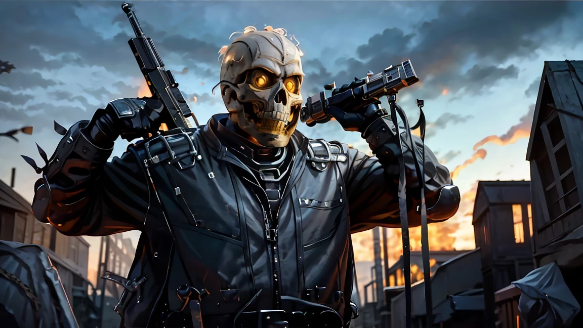 An exciting post-apocalyptic scene with three men wearing scary skulls and clown masks. The first man is tough with a personalized black leather jacket with the name "Façao Central" on the band's shirt, a rifle and a skull mask that resembles a very macabre skull clown. The second man is dressed in black and wears a bulletproof vest, holds an M4, a hood and a macabre clown mask. The third man is a character with a rifle in his hand and leather clothes wearing a military vest and a clown mask mixed with a macabre skull. They are destroying the desolate, dystopian landscape, leaving a trail of destruction. All three men have war-scarred, blood-stained clothes and are very dirty. The background is a destroyed slum, twisted metal and smoking ruins, creating an intense and cinematic atmosphere.