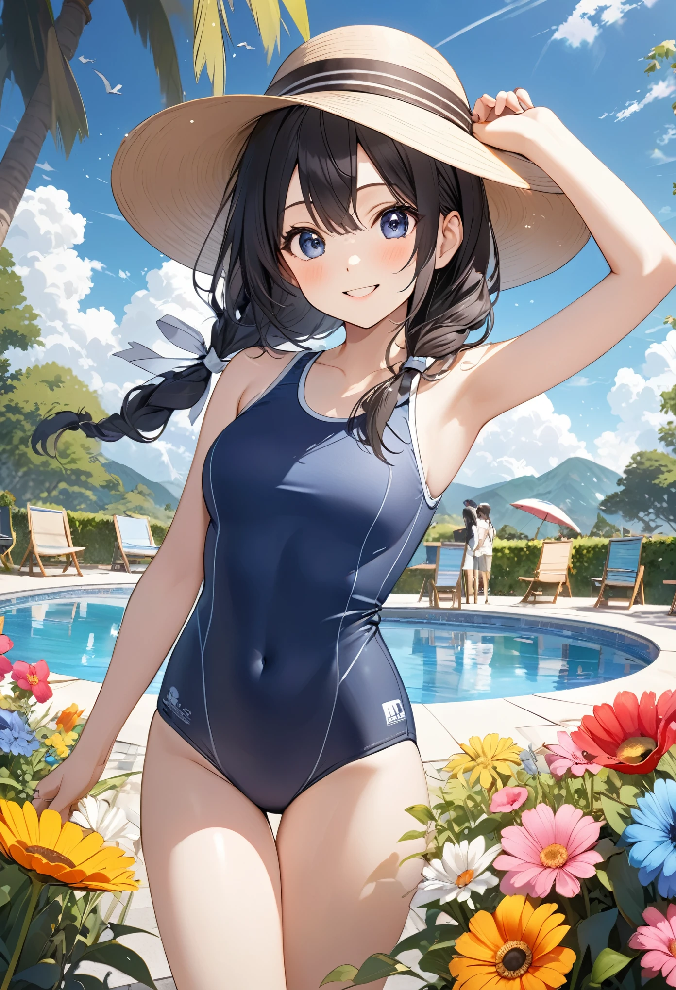 ((masterpiece、4K、8K、highest quality: 1.perfect fingers: 1.perfect anatomy: 1.3、background blur))、((ultra precision))、(、slender、lolita、superutiful girl、straight long hair:1.6)、(Light blue and black Chinese one-piece swimsuit、barefoot:1.5)、、(Close one eye and smile:1.4)、(Are standing、wide shot、full body:1.5)、(blue sky、white sand beach:1.4)、