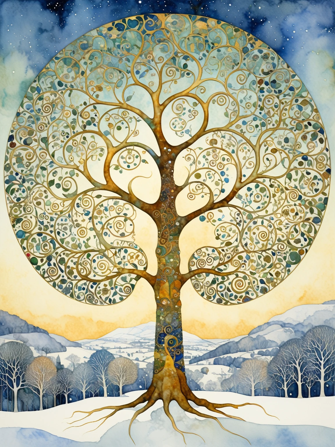 tree of life in winter scenery, artistic impressionist watercolor paint by Gustav Klimt, Geoffroy Thoorens, James Christensen, intricate, cinematic lighting, highly detailed, smooth, sharp focus, perfect balanced style, amazing depth, complementary colors 