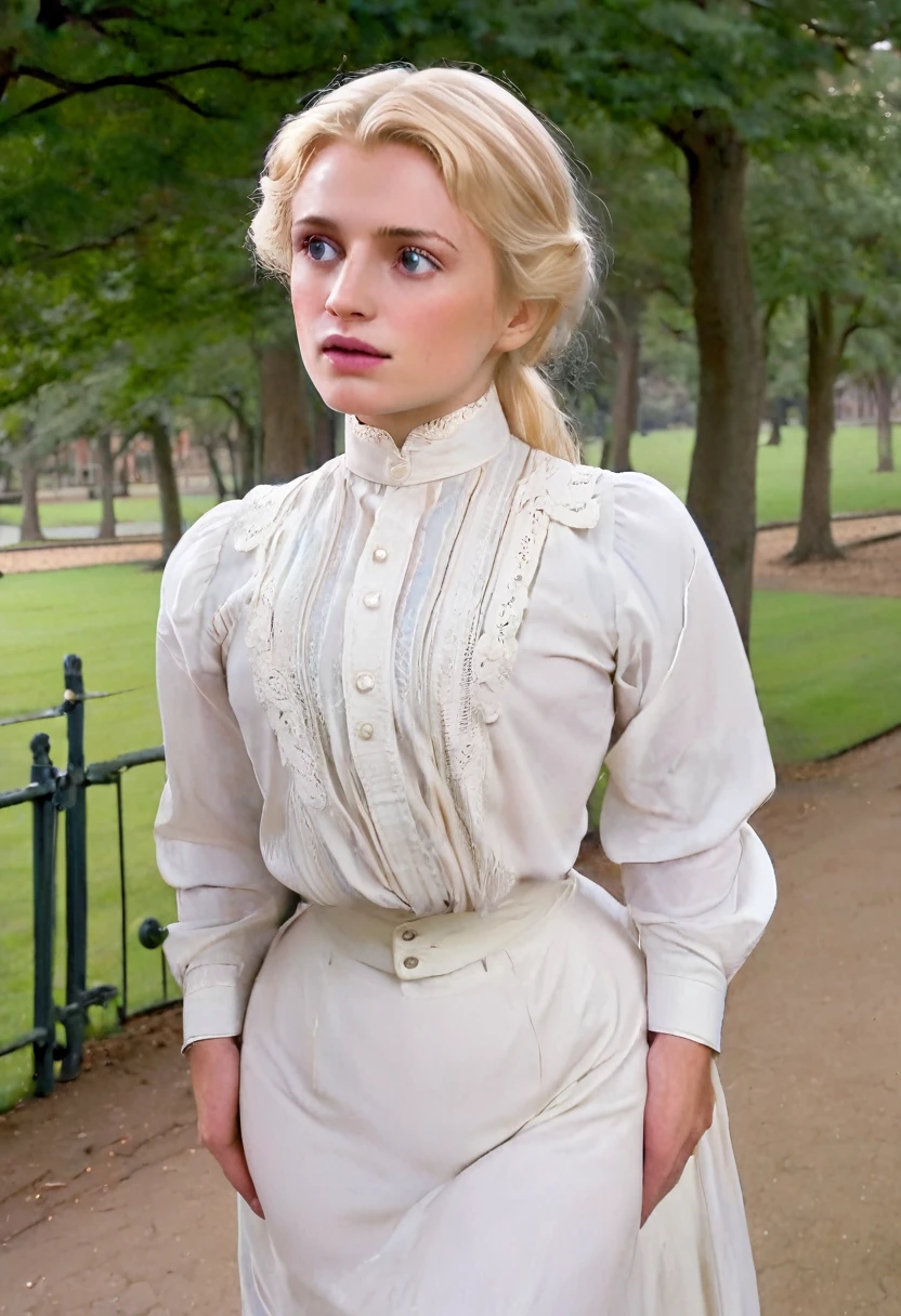 A gorgeous well-endowed **** blonde Gibson Girl bimbo (((fondled by a large horny 69yo gentleman behind her))) in a park. Year 1902. (((1900_dr3ss))). Short girl with an hourglass figure wearing an elegant white Edwardian outfit consisting of a high-collar long sleeve shirtwaist, long skirt and a flower-brimmed hat, large tits, wasp waist, massive ass. Man wearing a three-piece suit. (((Young girl and old man. Man taller than girl)))