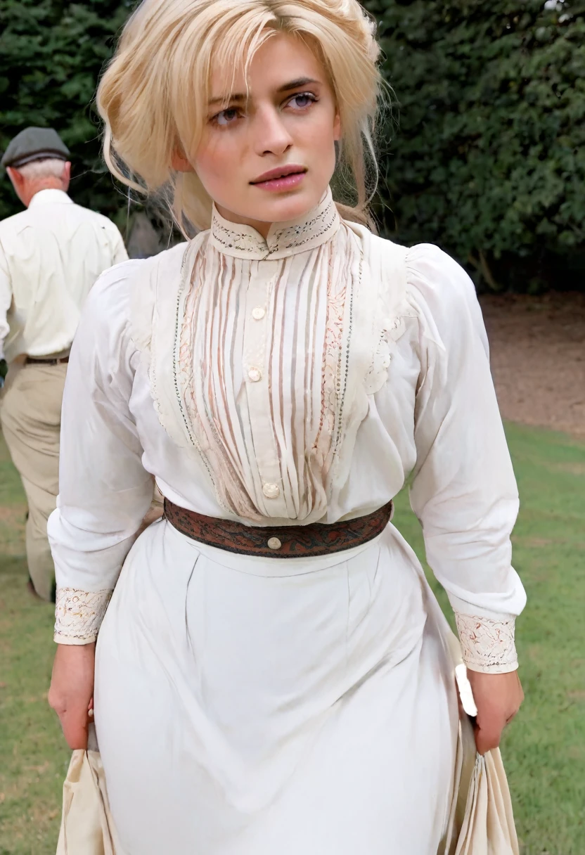 A gorgeous well-endowed **** blonde Gibson Girl bimbo (((fondled by a large horny 69yo gentleman behind her))) in a park. Year 1902. (((1900_dr3ss))). Short girl with an hourglass figure wearing an elegant white Edwardian outfit consisting of a high-collar long sleeve shirtwaist, long skirt and a flower-brimmed hat, large tits, wasp waist, massive ass. Man wearing a three-piece suit. (((Young girl and old man. Man taller than girl)))