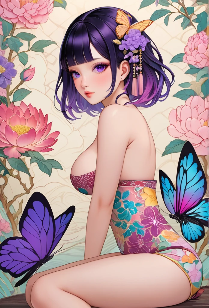 A mesmerizing surreal illustration of a young japanese woman resembling Shinobu Kouchou. She has black hair, purple eyes, a butterfly hair ornament, and wears a vibrant pastel colored outfit adorned with intricate floral patterns. Freckles dot her smooth, warm complexion, and bold, colorful tattoos cover her arms and legs. The tattoos feature traditional Japanese motifs like flowers and mythical creatures, rendered with meticulous detail in a pastel color palette. The background is a vintage floral-patterned wallpaper that complements the artwork's colors. The line work is precise, with delicate shading that gives the illustration a 3D quality. The artwork fuses modern illustration techniques with traditional Japanese aesthetics, resulting in a visually striking, portrait, Shinobu_Kocho, butterfly_hairpiece, multicolored_hair, purple_hair, black_hair, petite, large breasts, slender, arms behind back, cleavage,
