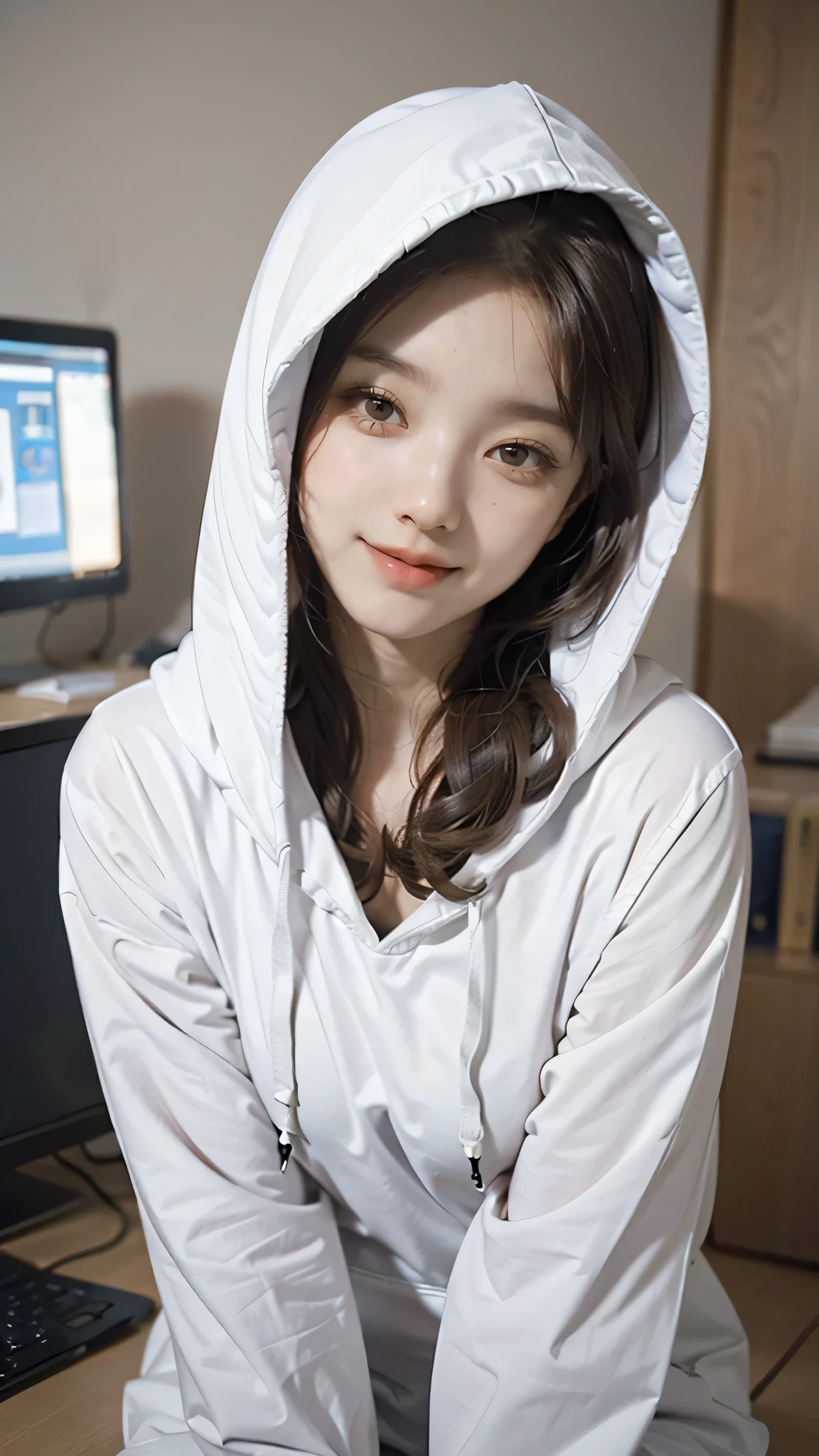 8k, best quality, ultra realistic,(photorealistic:1.37),high res,1girl, (hoodie:1.5),(floating hair:1.2), (skindentation), (professional lighting),(huge breasts:1.2),ultra-detailed,(shiny skin:1.4),(plump:1.25), (blouse:1.35),  (light particles, lens flare, glowing particles:0.6), (floating hair:1.2),(dynamic pose:1.15), specular lighting, soft lighting, sunlight, looking at viewer, (small head:1.47), pureerosface_v1,   <lora:Arina:1>