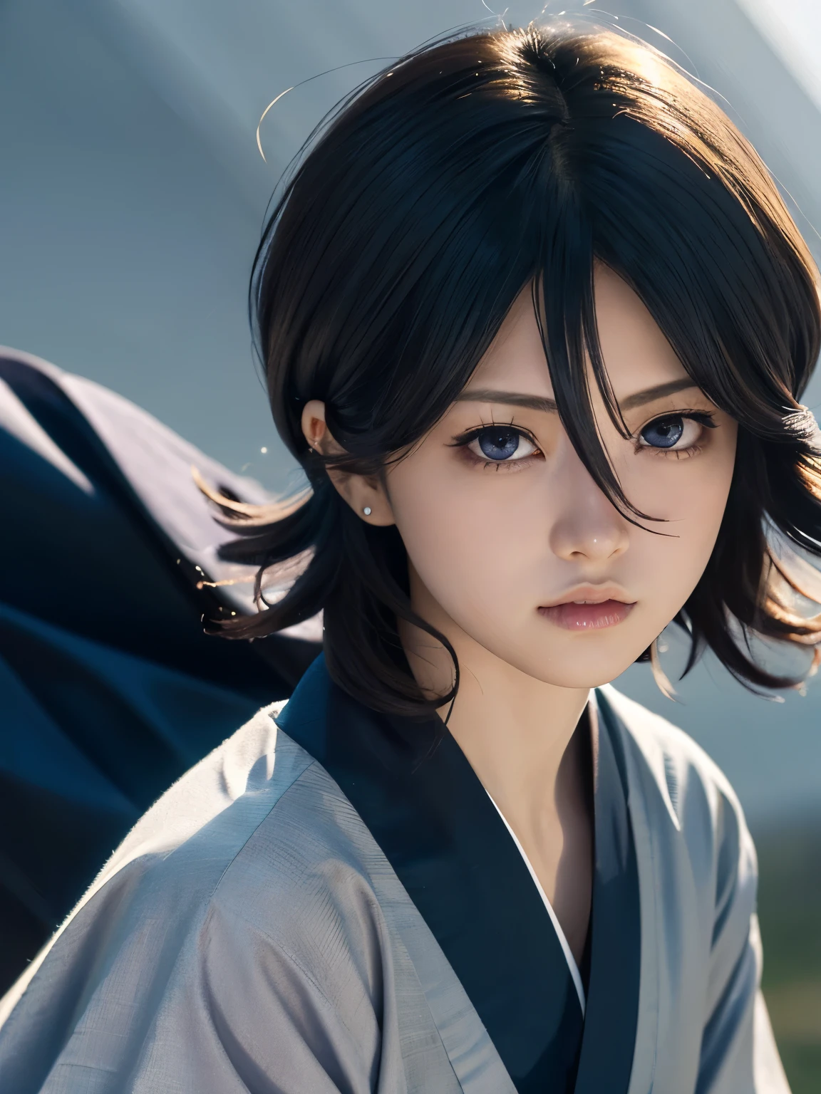 Black Hair, One girl, short hair, alone, (Hair between the eyes:1.75), View Viewer, blue eyes, black kimono, hakama pants, hight school girl,
最high quality, masterpiece, High resolution, high quality, natural skin, (close up) photo of as (young:1.0) woman, dynamic angle, dynamic pose,
(slick undercut hair:1.2), (8k uhd:1.0), (best quality:1.0), (masterpiece:1.0), (sharp focus:1.0), (basic grey backdrop:1.0), Realistic photos,
Black kimono, Purple eyes,
starry sky, wind,night,star, shadow,ruins,twinkle star,