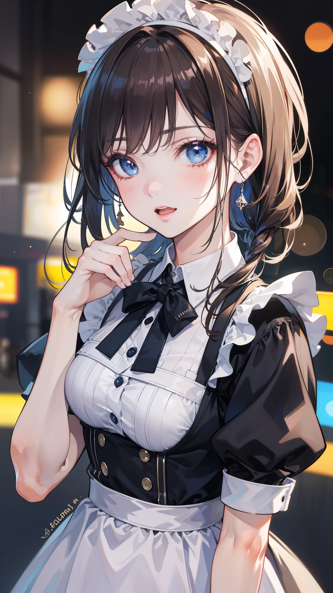 1girl, beautiful detailed eyes, beautiful detailed lips, extremely detailed eyes and face, long eyelashes, solo, blue eyes, brown hair, maid headdress, blush, open mouth, smile, [masterpiece:1.2], (best quality:1.2), (4k:1.2), (8k:1.2), (realistic:1.37), (photorealistic:1.37), (photo-realistic:1.37), HDR, UHD, studio lighting, ultra-fine painting, sharp focus, physically-based rendering, extreme detail description, professional, vivid colors, bokeh