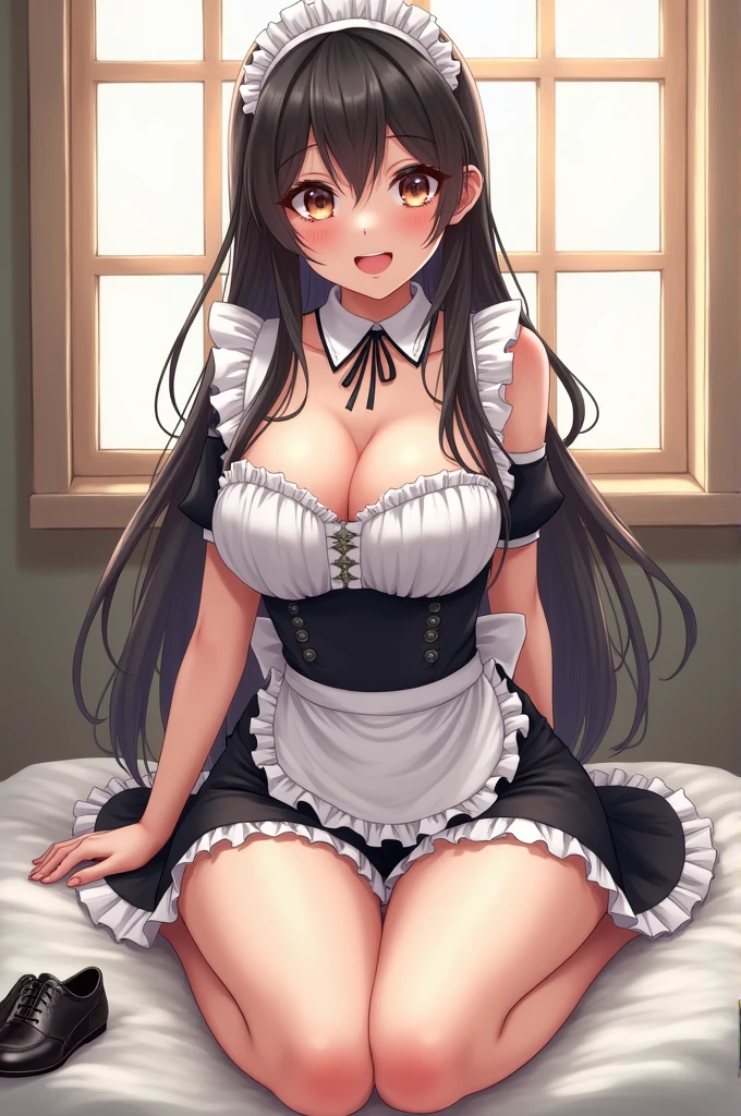 ''(((1boy))), aster nemesis, ((dark-skinned)) , black hair, very long hair, yellow eyes, , twin tails, looking below, , , tanned body,, ,,8yo,,(((Sweating))),,(spoken heart),(((maid costume))),miniskirt,thighhighs,,mansion,(sex:1.3),pov,huge breasts