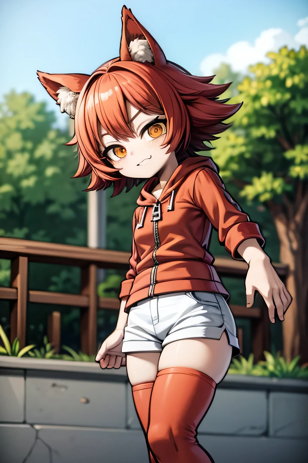 chibi anime girl ,short red hair and red furry cat ear