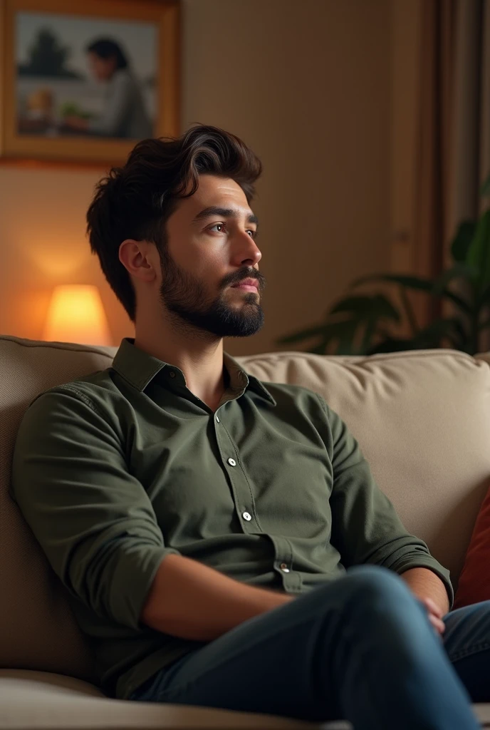 makes an image of a white man, model type, at 39 years old, com barba cortsda, dark hair, blue colored eyes, red shirt, blue shorts, Lying on a couch
