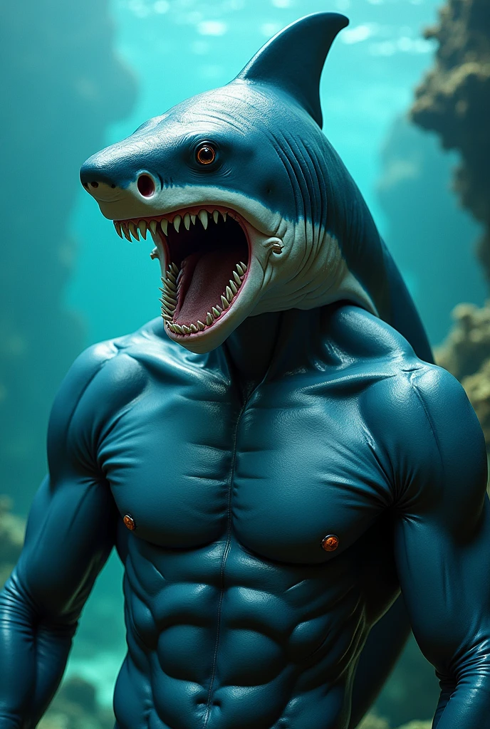 NSFW (nude) (male furry shark with penis) full body, standing on a deserted beach