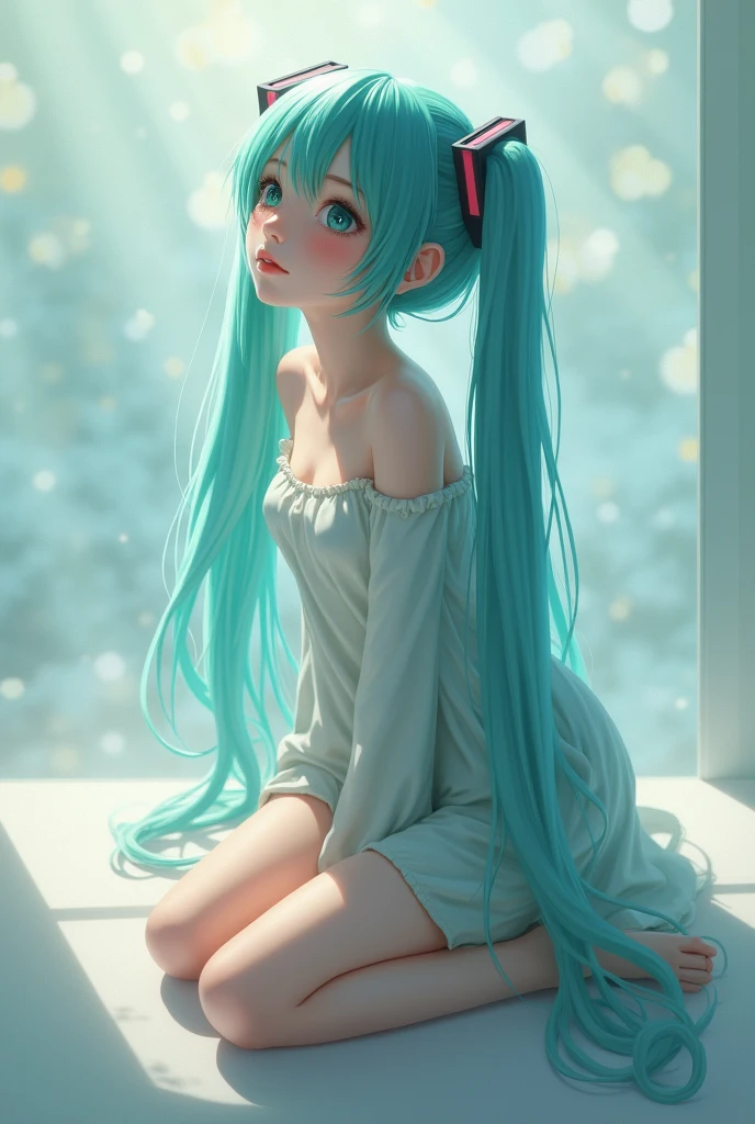 Hatsune no Miku kneeling looking up sweaty