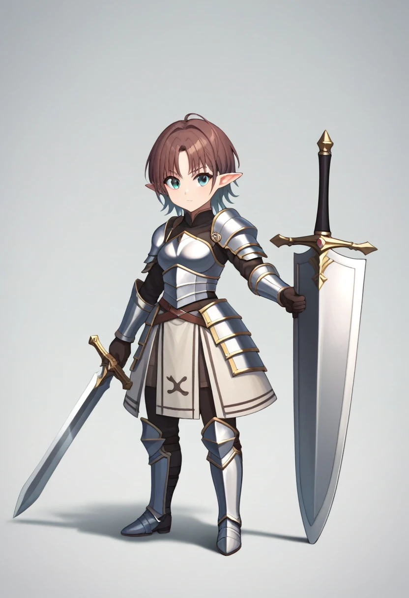 chibi,a female character with brown hair in armor standing next to a large sword, 1girl, shield, weapon, armor, sword, solo, pointy ears, holding, holding weapon, holding sword, short hair, sheath, looking at viewer,asakuratoru