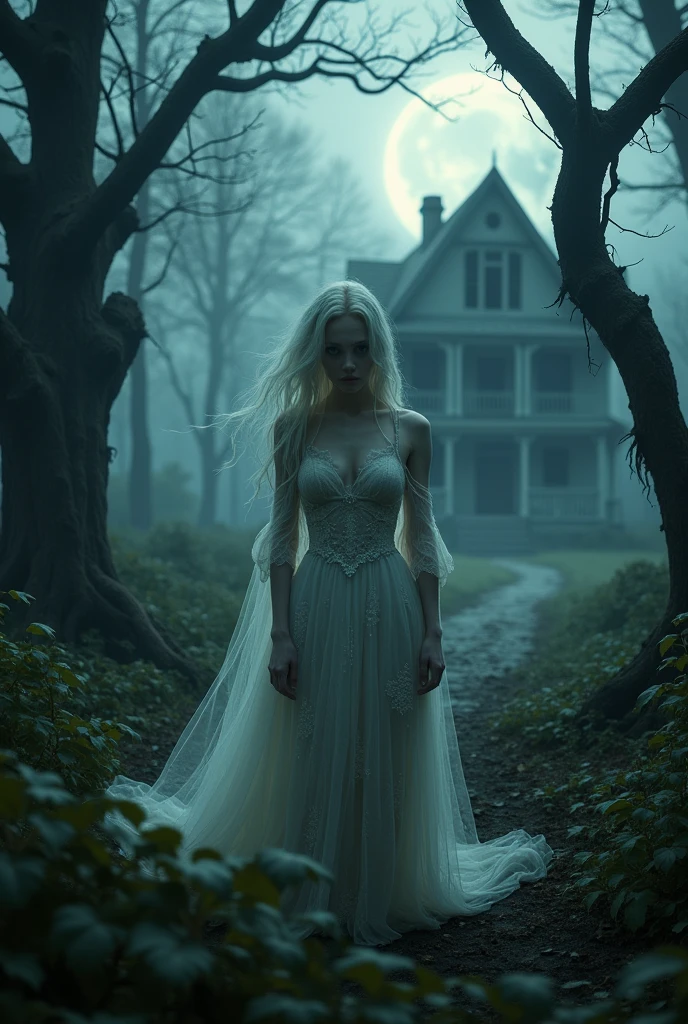 A ghostly figure of a woman in a tattered dress, her face obscured, floating near the Bell family’s cabin. The air around her seems distorted, and she exudes an ominous presence, known now as the Bell Witch."