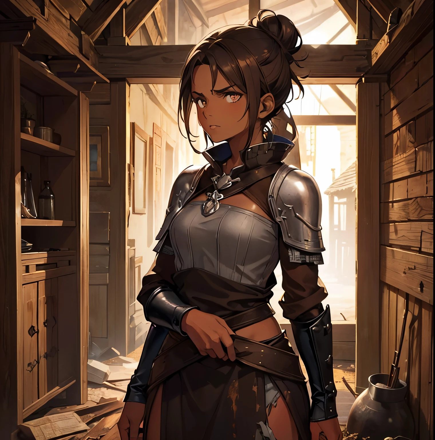 (masterpiece, best quality),  intricate details,
1girl,     <lora:megumin-10:0.8> megumin, 1girl, solo, looking at viewer, short hair, short hair with long locks,black hair, red eyes
 <lora:Clothing - Rusty Armor:0.45> rusty4rmor, rusty, torn clothes, indoors,  breastplate, rust, pauldrons, gauntlets,