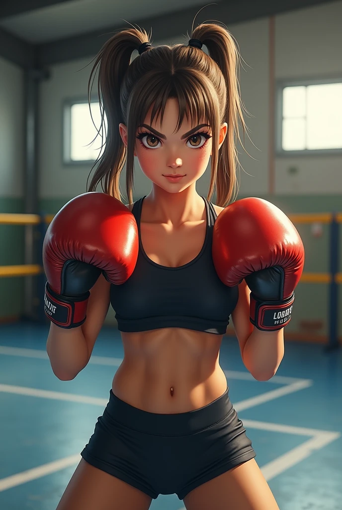 a young girl in a bikini and boxing gloves standing next to a body of water, mia kischner, she is ready to fight, wearing vibrant boxing gloves, boxing stance, girl of the alps, muscular girl, boxer, athletic fashion photography, girl standing on mountain, fit girl, young swimsuit model, brave young girl, ready to fight, warrior girl, posing ready for a fight, boxing, athletic and strong, kickboxing, panoramic centered view of girl, panoramic view of girl