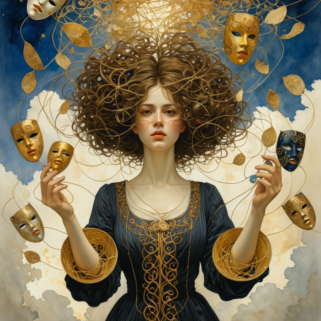 a young woman with dark blond hair energetically holds threads in her hand to which are attached several masks floating in the sky.  artistic impressionist watercolor paint by Gustav Klimt, Geoffroy Thoorens, James Christensen, intricate, cinematic lighting, highly detailed, smooth, sharp focus, perfect balanced style, amazing depth, complementary colors