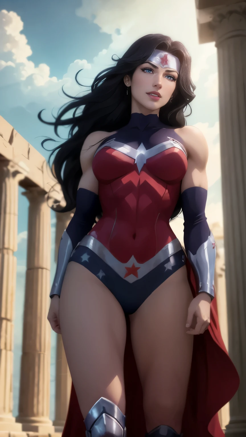 wonder woman da DC,(best qualityer,4K,8k,high resolution,work of art:1.2)(weather: cloudy), greek temple background, temple ruins, long curly hair, black hair, red top, blue micro shorts, red thigh high boots, diadem, spartan armor, long dress trail, bracelets, long cape, flexing, ultra detailed,portrait,realistic,beautiful detailed blue eyes, beautiful detailed lips,extremely detailed eye and face, long eyelashes,average,large breasts,flying hair,beaming smile, smile,powerful girl, bright coloured, dramatic lighting,