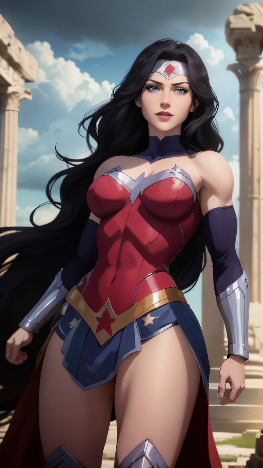 wonder woman da DC,(best qualityer,4K,8k,high resolution,work of art:1.2)(weather: cloudy), greek temple background, temple ruins, long curly hair, black hair, red top, blue micro shorts, red thigh high boots, diadem, spartan armor, long dress trail, bracelets, long cape, flexing, ultra detailed,portrait,realistic,beautiful detailed blue eyes, beautiful detailed lips,extremely detailed eye and face, long eyelashes,average,large breasts,flying hair,beaming smile, sexy smile,powerful girl, bright coloured, dramatic lighting,