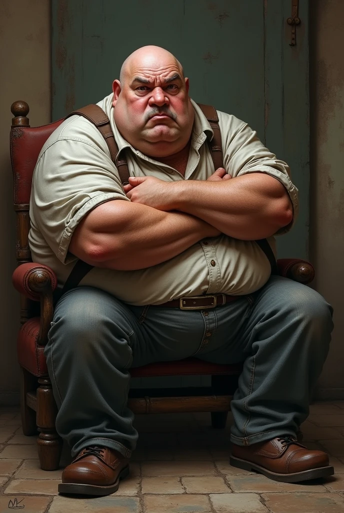 Create a very fat robust man with a bust of 1.30 with very torn clothes from 1.90 with short brown hair, approximately 25 years old, sitting on a sofa