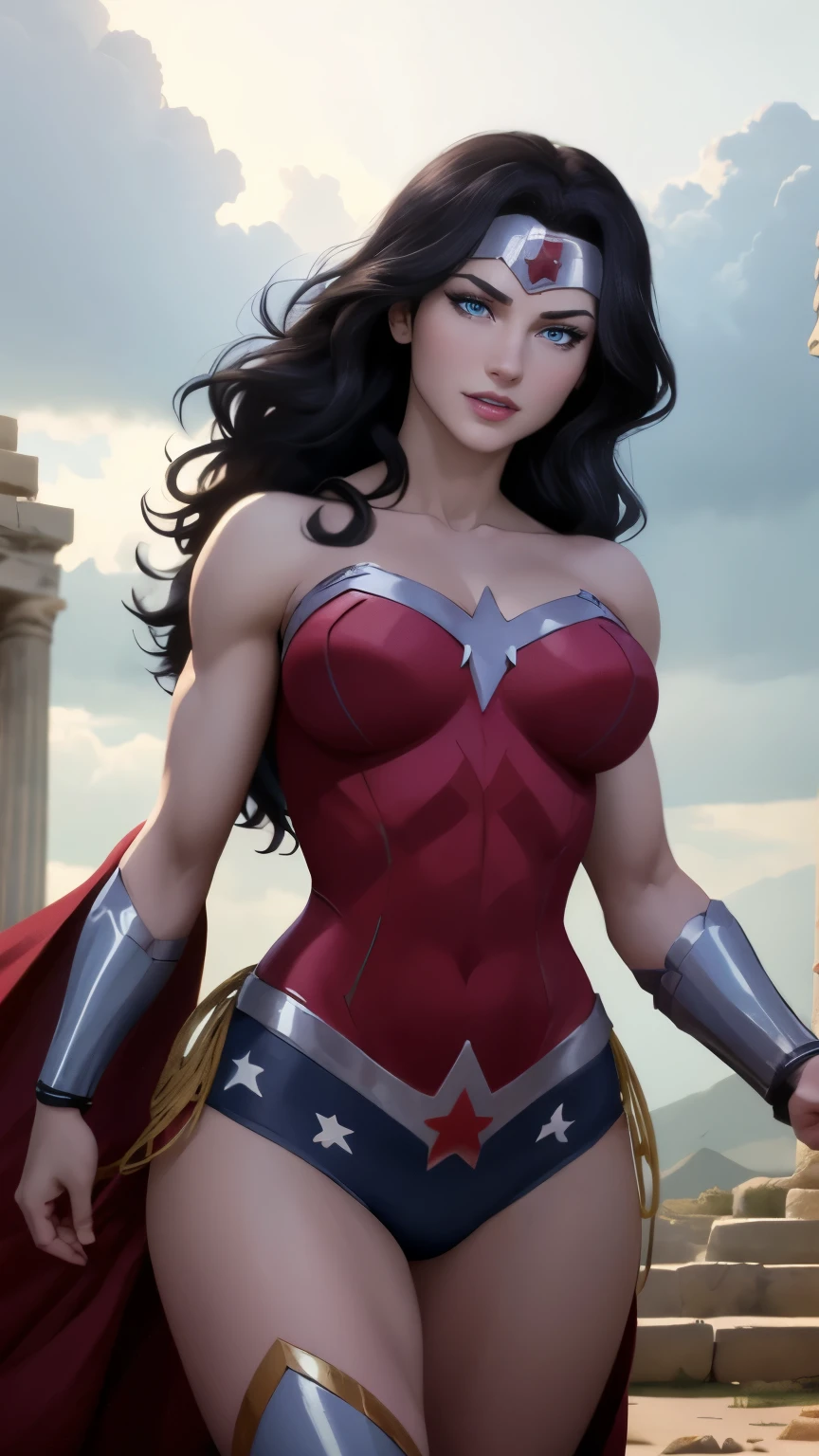 wonder woman da DC,(best qualityer,4K,8k,high resolution,work of art:1.2)(weather: cloudy), greek temple background, temple ruins, long curly hair, black hair, red top, blue micro shorts, red thigh high boots, diadem, spartan armor, long dress trail, bracelets, long cape, flexing, ultra detailed,portrait,realistic,beautiful detailed blue eyes, beautiful detailed lips,extremely detailed eye and face, long eyelashes,average,large breasts,flying hair,beaming smile, sexy smile,powerful girl, bright coloured, dramatic lighting,