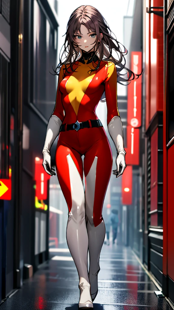 Stretcher comic book woman, happy, smiling, long hair, huge ponytail, slim, thin, athletic, womanly, rubbery, elastic woman, white and red spandex, rubber body, brunette, ((huge breasts)), city street, daytime, heroic, cheerful, bold nose, hawkish features, green eyes
