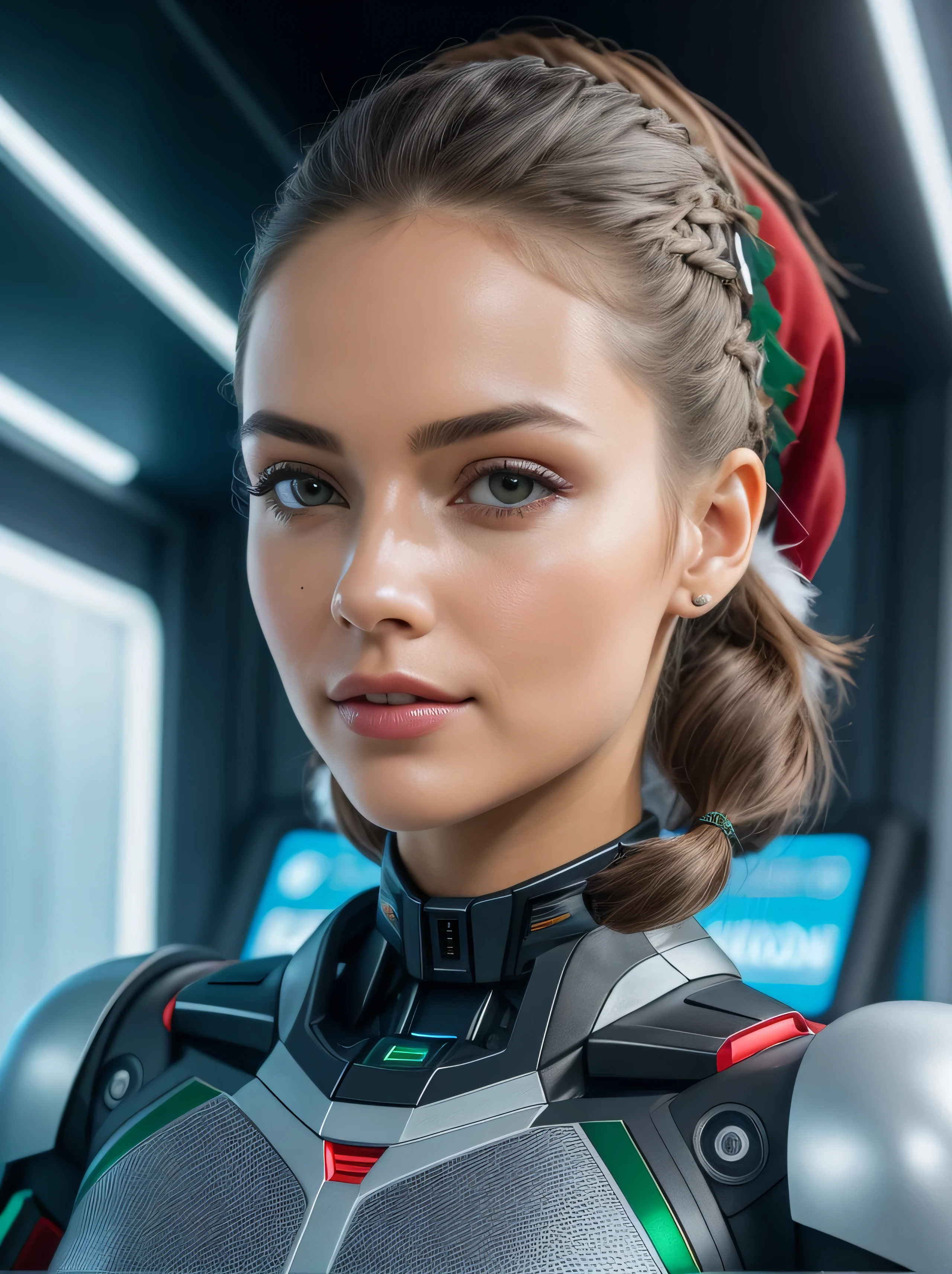 a woman in a futuristic suit with a ponytail braid, portrait beautiful sci - fi girl, cute cyborg girl, attractive sci - fi face, beutiful girl cyborg, perfect android girl, sci-fi android female, beautiful female android, beautiful android woman, beautiful female android!, cyborg - girl, portrait of a female android, beutiful white girl cyborg, cyborg girl,HD, (finest details), (best quality), Merry, Christmas decorations, night, Christmas theme, Christmas gifts, Christmas tree, best quality, high resolution, Christmas decorations, lights, snowflakes, (( (Red Christmas hat))),