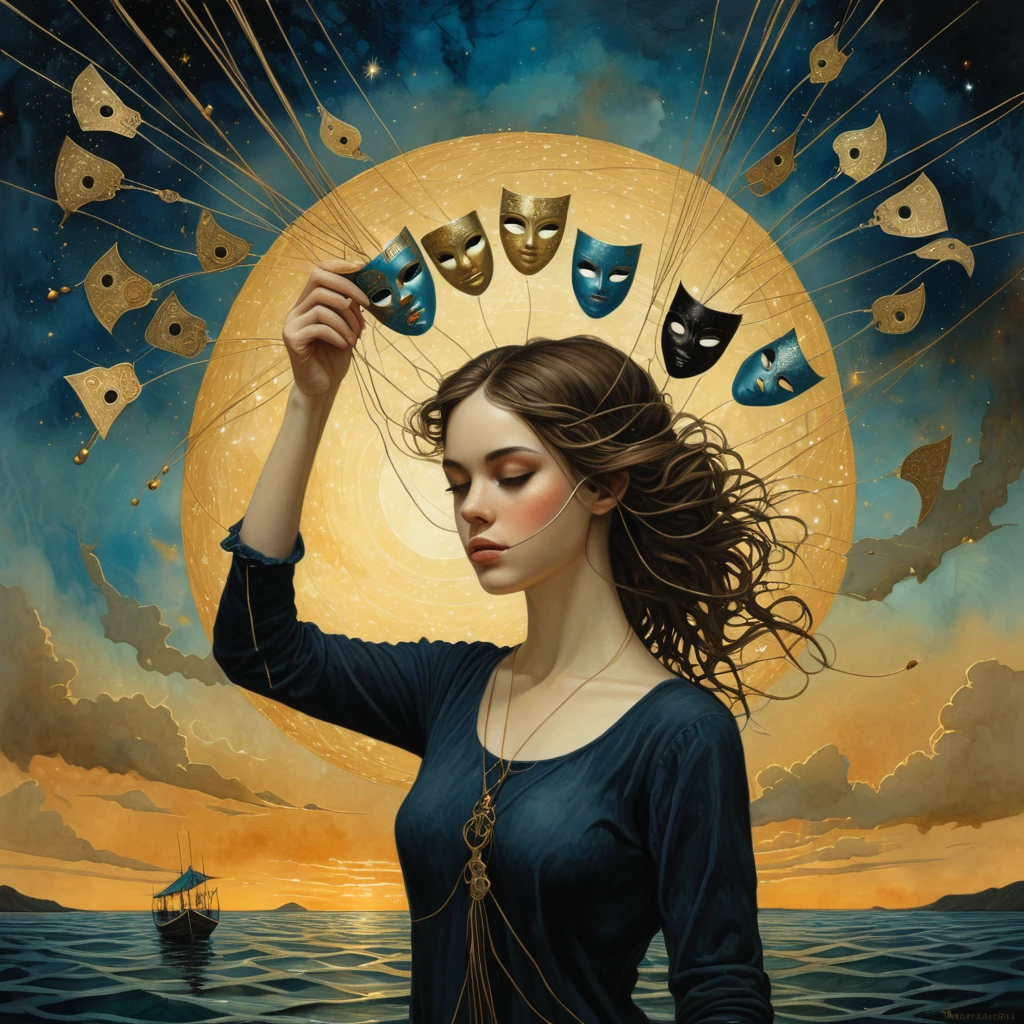 a young woman with dark blond hair energetically holds threads in her hand to which are attached several masks floating in the sky. artistic impressionist watercolor paint by Meghan Duncanson, Andy Kehoe and Tom Bagshaw, Klimt., intricate, cinematic lighting, highly detailed, smooth, sharp focus, perfect balanced style, amazing depth, complementary colors
