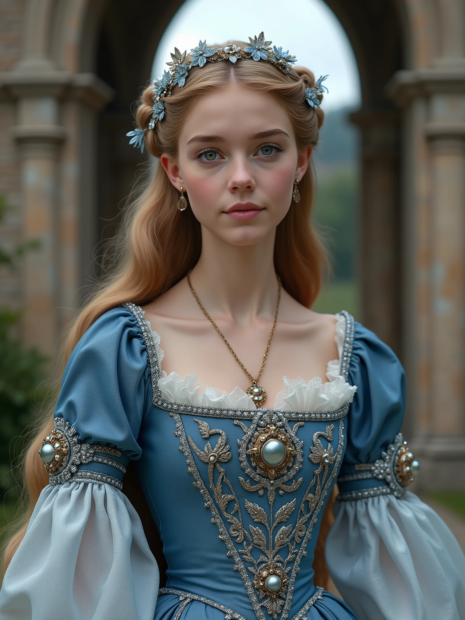 a beautiful young woman, 1girl, beautiful blonde curly hair, light eyes, fair skin, sweet expression, 17th century setting, intricate details, high quality, photorealistic, ultra-detailed, masterpiece, dramatic lighting, cinematic, ornate dress, lush garden, castle in background, (best quality,4k,8k,highres,masterpiece:1.2),ultra-detailed,(realistic,photorealistic,photo-realistic:1.37),HDR,UHD,studio lighting,extreme detail description,professional,vivid colors