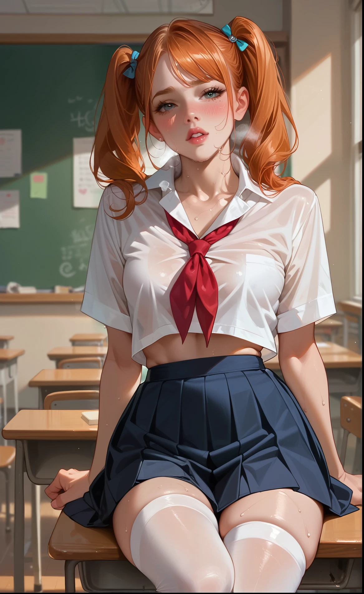 score_9, score_8_up, score_7_up, 1girl, twin tails ginger hair, in a classroom, sexy pose, blushing, heavy breathing, sweating, school uniform, afternoon, hot weather, small breasts, white thigh highs