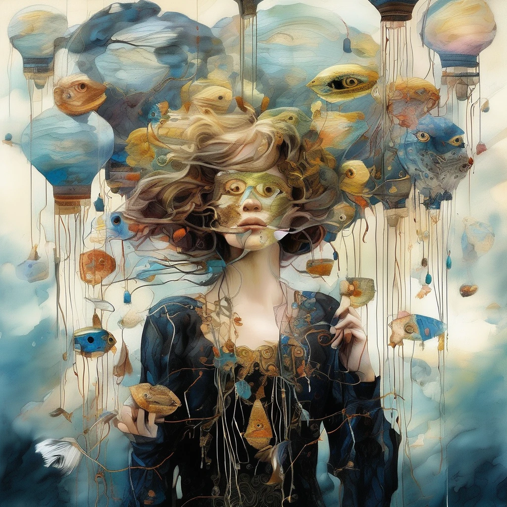 a young woman with dark blond hair energetically holds threads in her hand to which are attached several masks floating in the sky. artistic impressionist watercolor paint by Meghan Duncanson, Andy Kehoe and Tom Bagshaw, Klimt., intricate, cinematic lighting, highly detailed, smooth, sharp focus, perfect balanced style, amazing depth, complementary colors
