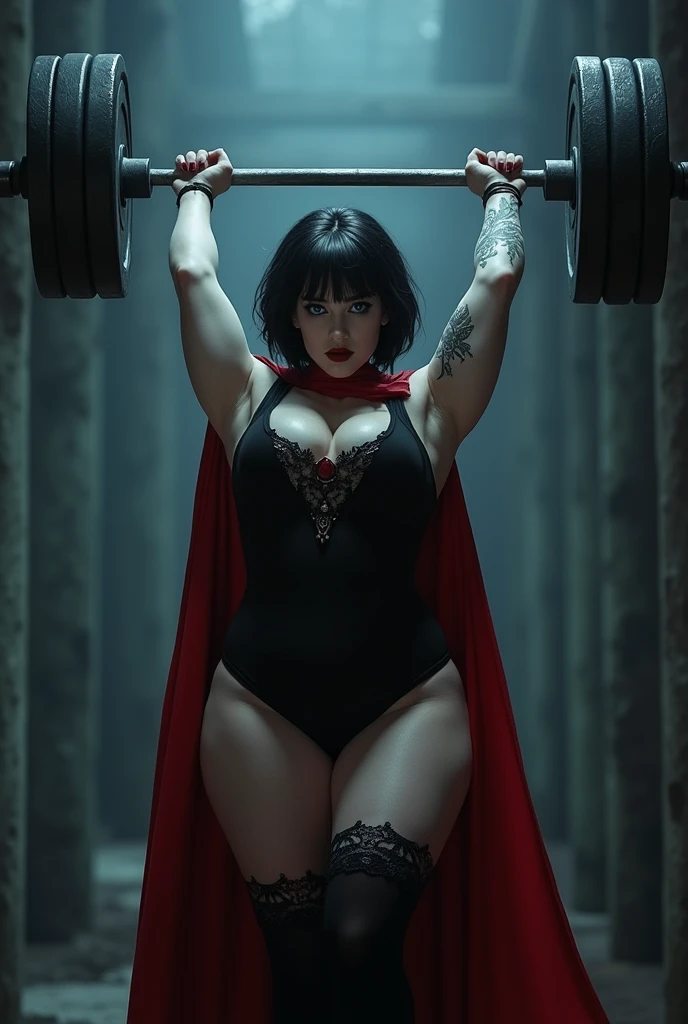 Dark short haircut blue eyes vampire gothic girl beauty big boobs big butts muscled tall giantess BBW stockings short red cape lift heavy barbell overhead 5.000 kg easily commanded by their master of 60 años