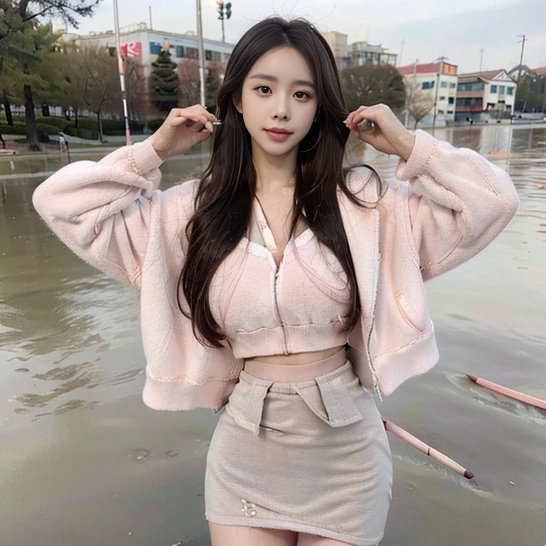 in the lake side, full body wide shot, korean office girl, 28years old, tall girl, long hair, black hair, pretty face, perfect face, slim body, (wearing pink fleece:1.3), (short white pencil skirt:1.7), wet hair, shackled hair, wet body, high heels