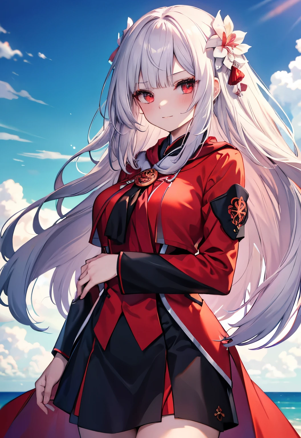 Silver Hair，Red Eyes，Long hair，blush，Durga（destiny）Large Breasts，Red Hanfu，Summer background，Seaside background，Indian Mythology，，Red cassock