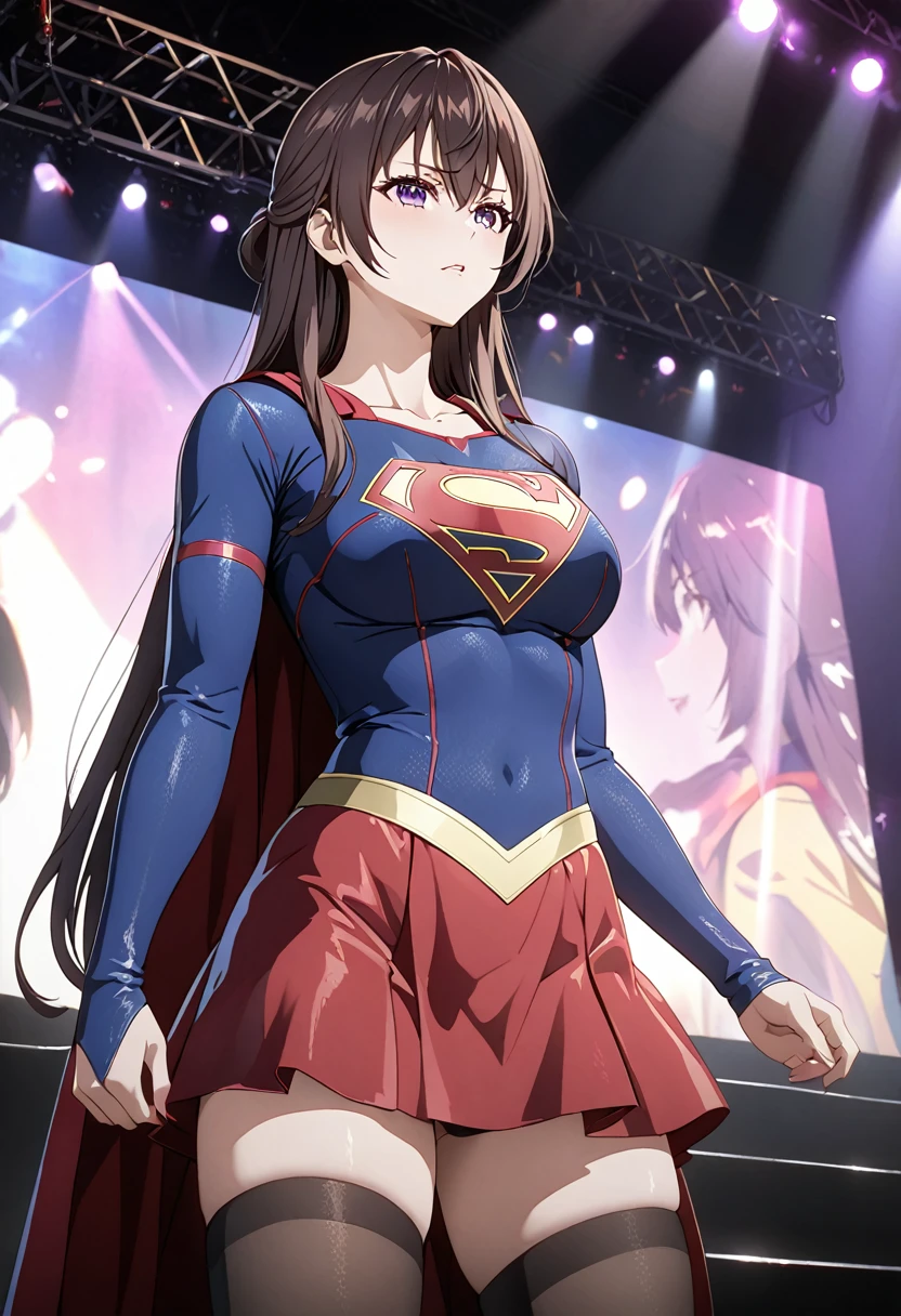 Detailed analysis, Detailed work, Best quality, 1440p clarity, Realistic lighting and shadows, Anime, background, Concert stage, จากซีรีย์ Alya Sometimes Hides Her Feelings in Russian, Suou Yuki, long dark brown hair, Purple eyes, ตาแบบAnime, Very large breasts,Wearing Supergirl costume, black long stockings