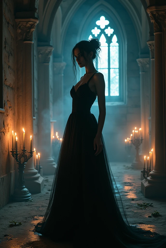 A dark, ominous wedding scene where the evil queen is forced to wear iron shoes. The background is gloomy, with flickering firelight casting eerie shadows as she dances in despair