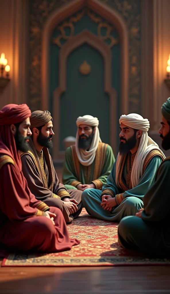 Create an epic, highly detailed image of a strategic meeting between Thariq bin Ziyad and Musa bin Nusair. Both figures are dressed in traditional Islamic warrior attire, with Thariq in armor and a turban, and Musa in more ornate, leadership attire. They are shown in deep discussion over a map spread out on a wooden table, surrounded by other generals and advisors. The backdrop is grand and underexposed, featuring a historical tent or a war room with detailed Islamic decor. The lighting is cinematic, casting soft shadows and creating a focus on the central figures, while the color grading enhances the warm tones of the attire and the muted, cool tones of the surroundings, adding depth and intensity to the scene