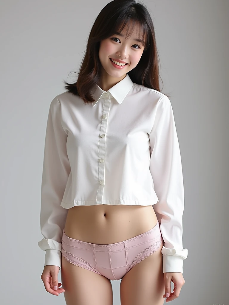 (Raw photo:1.2), (Photorealistic), Beautiful detailed girl, Very detailed eyes and face, Beautiful detailed eyes, Huge file size, High resolution, Very detailed, Best Quality, [masutepiece:1.6], Illustration, Very detailed, Fine detail, Best Quality, 8K Wallpaper, Movie Lighting, Idol of a 15-year-old Japan, Change clothes in the changing room, Take off your uniform skirt and show your panties,  No top, White panties made of large cotton fabric, Underwear for juniors, Take off your skirt yourself, Change clothes in the changing room, Smaller chest, Short bob hair,  Slim body, Young Face, Immature body,  School uniform taken off,  hanger