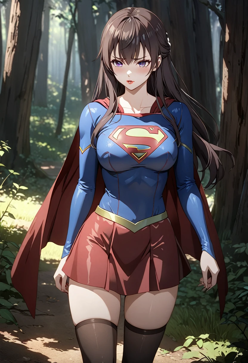 Detailed analysis, Detailed work, Best quality, 1440p clarity, Realistic lighting and shadows, Anime, background, In the middle of the forest, จากซีรีย์ Alya Sometimes Hides Her Feelings in Russian, Suou Yuki, long dark brown hair, Purple eyes, ตาแบบAnime, Very large breasts,Wearing Supergirl costume, black long stockings, red lips