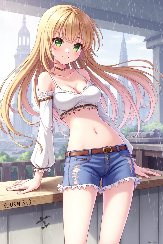 Masterpiece ,best quality , high resolution , (1 girl solo:1.38) , (mavis, long hair, blonde hair, (green eyes:1.5), ahoge, wavy hair, animal ears,) , (cleavage:1.2) , (medium breast:1.28) , (wear baseball hat , belly , navel , sport top , sport short , stockings ) , (arms behind back . hands behind back) , (cleavage:1.15) , (big breast:1.1) , (face view , from behind , back view , looking back , head back , look at view ) , (outdoor ,on street , road , night , lamp, shop, avenue, raining , vivid rain , heavy rain) , (standing , cowboy shot) , ( full face blush , shy )