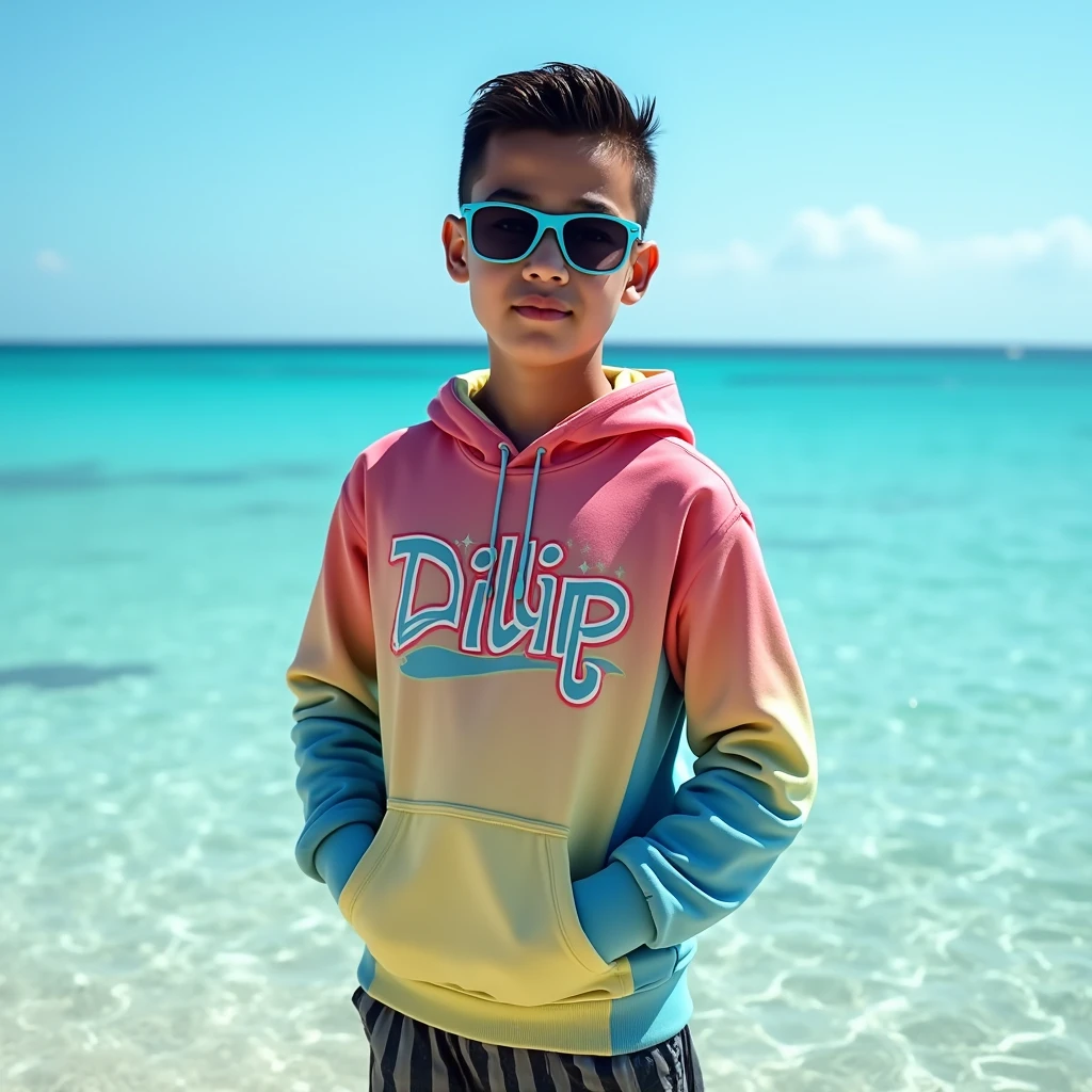 a boy wears a hoodie with the letter R on it with shorts and sunglasses