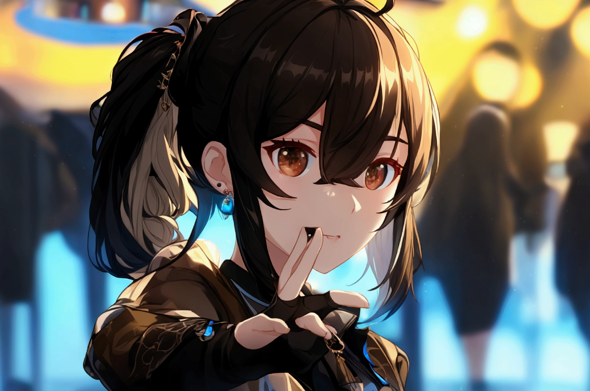 Characteristic,, , One girl, Ahoge, bangs, black skirt, black sweater, Blue Claws, Blurred, Blurred background, chest, Brown eyes, Brown Hair, brown jacket, Mouth closed, day付付き, day, Depth of written boundary, Earrings, eyelash, Raise your hand, Tilt your head, jacket, jewelry, Long Hair, Long sleeve, Watching the audience, medium chest, Manicure, Open clothes, open jacket, Outdoor, Pursed lips, Tucked in shirt, Side Lock, skirt, Sleeves past the wrist, Alone, sweater, Upper Body, zipper, , , ((masterpiece)), , 