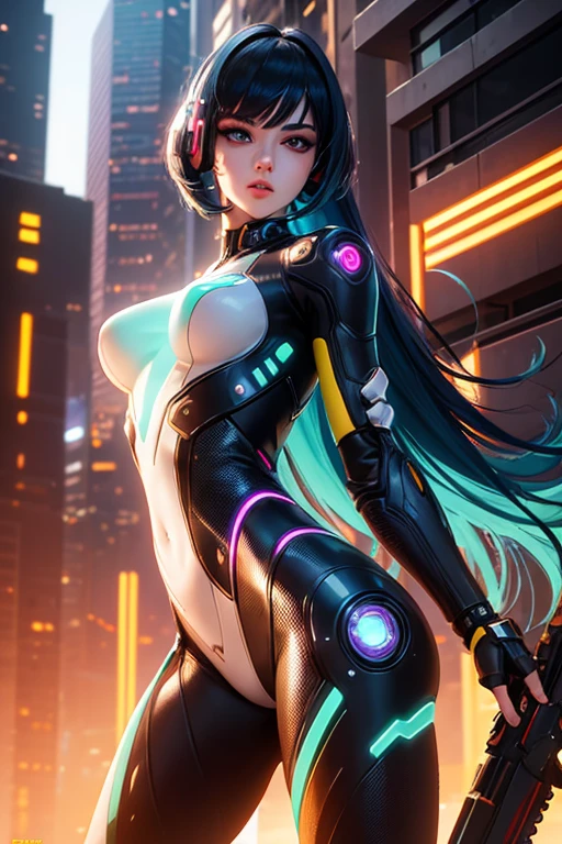 ((Best quality)), ((masterpiece)), (detailed: 1.4), (Absurd), Latin woman fighter pilot ready for war, perfect body, back, perfect ass, shiny tanned skin, wearing a headband, defined muscles, half thick naked thighs, closed mouth, only panties, include stars in clothing, muscular body covered by technological clothing, Neon Genesis Evangelion style, cyberpunk, generous neckline, ((perfect large breasts)), (lilac eyes without pupils), ((clothing in the colors of the flag of Colombia)), (((black hair with bangs on the forehead)))), (thin stripes covering the breasts), (Eagle tattoo on the arms), ((drawings of an eagle on the arms)), Colombia, short underwear, garter belt, by mucha, niji --V5, close to the real, psychopath, crazy face, sexy pose, background with a giant Gundam-style Robot head, 2 piece clothing, shoulder pads with airplane wings, pastel, centered, scale to fit dimensions, HDR (High Dynamic Range),Ray Tracing,NVIDIA RTX,Super-Resolution,Unreal 5,Subsurface dispersion, PBR texture, Post-processing, Anisotropic filtering, Depth of field, Maximum clarity and sharpness, Multilayer textures, Albedo and specular maps, Surface shading, Accurate simulation of light-material interaction, Perfect proportions, Octane Render, Two-tone lighting, Wide aperture, Low ISO, White balance, Rule of thirds, 8K RAW, crysisnanosuit