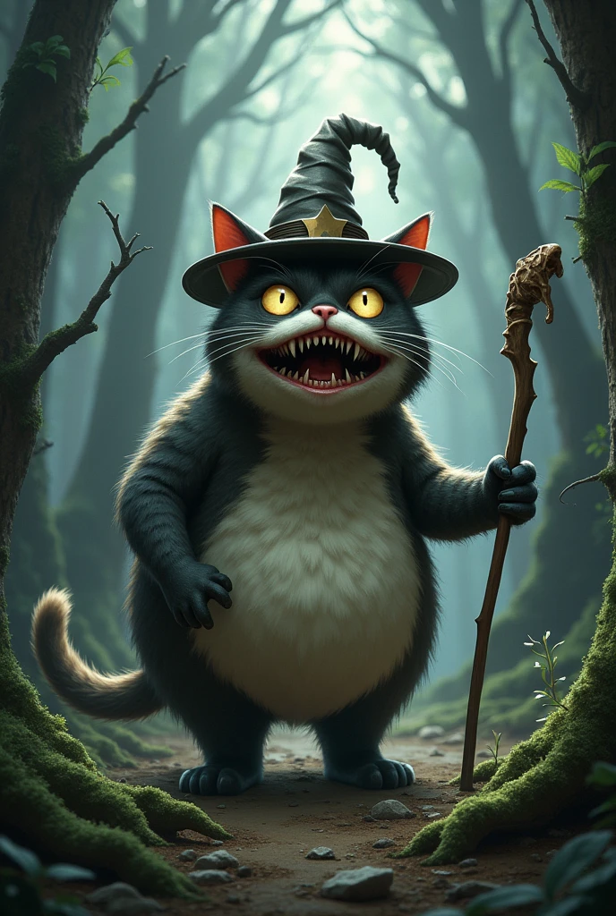 ral-wtchz, a grumpy cat with a witch's hat sitting on a broom, unamused by its own transformation, amidst floating fish with little hats flying alongside <lora:ral-wtchz:0.9> <lora:EnvyBetterHiresFixXL01:0:hr=1>.