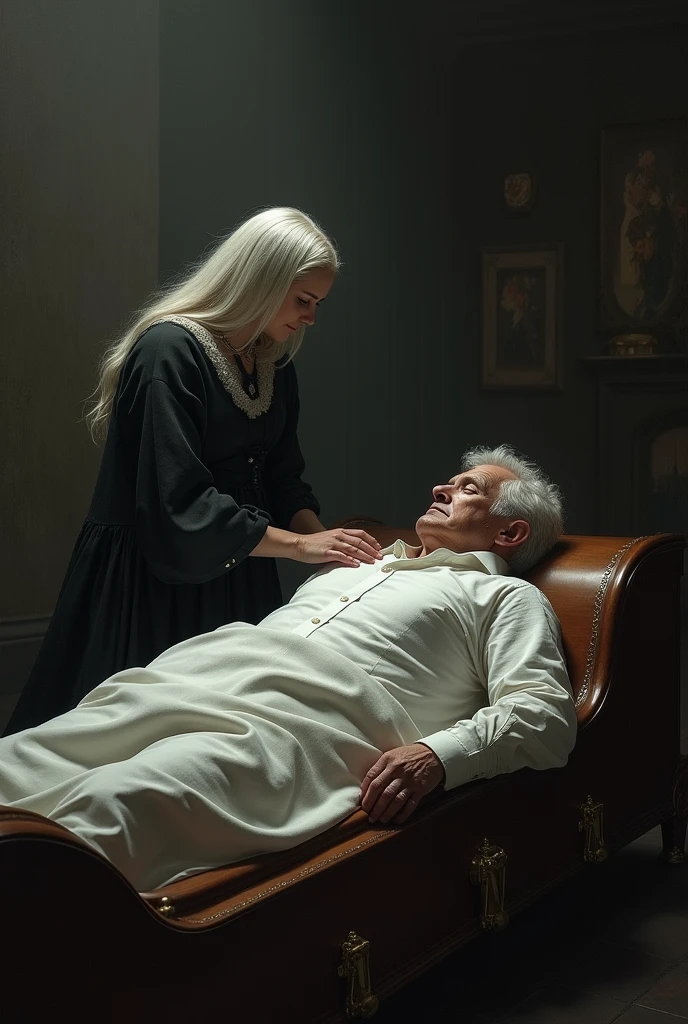 A gothic woman with white pale skin, a white dress, thigh high socks, high heels, is standing directly over a man lying down on the floor, lying with his back on the floor. The woman puts her foot over his face, the woman puts her high heel into his eye. Her high heel is inside his eyeball, it's deep into his eye. His eye is bloody, his face is bloody and beaten, his white shirt is . (((The woman puts her foot high heel into his eye)))
