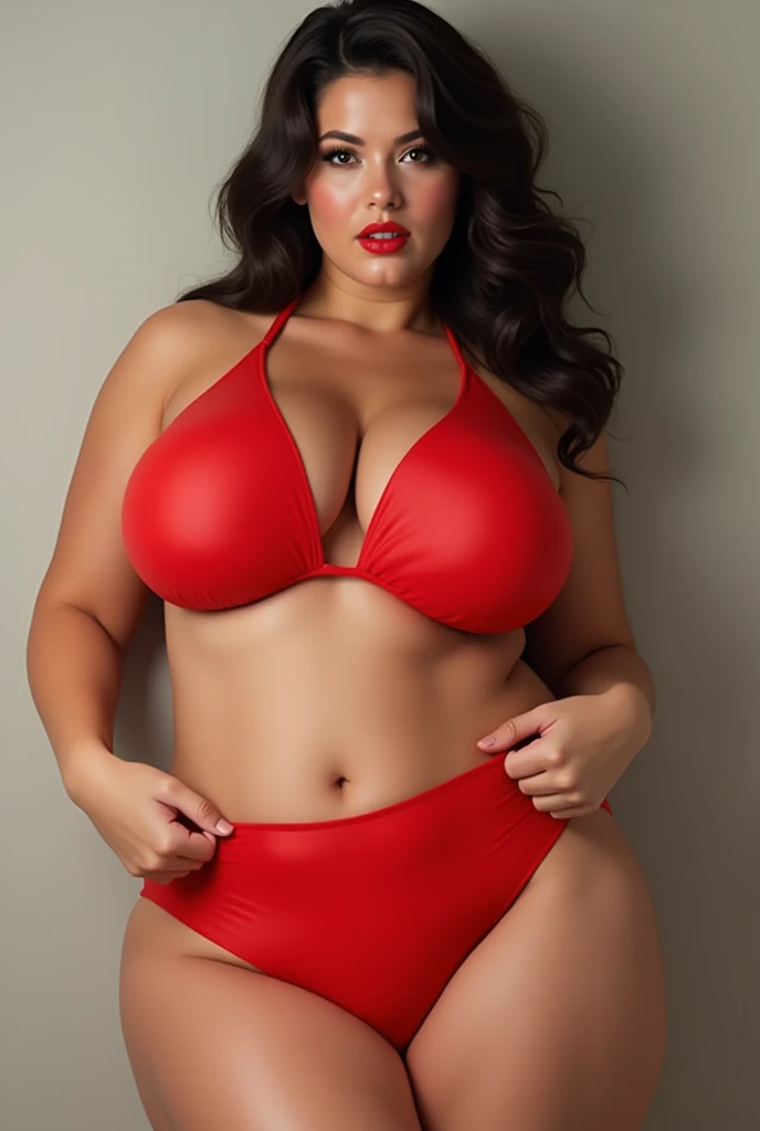 A cute woman (age 25, giga busty, string bikini), dancing and flirting on stage in the spotlight, pale makeup, deep red lipstick. Camera down low looking up
