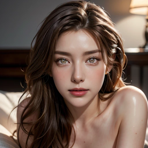 ((No NSFW)), ((((masterpiece, best quality, high resolution)))), Ray tracing, golden ratio, shadow not dark, Extremely detailed 8K, Beautiful girl with voluptuous body, (Ultra HD, Ultra-detailed, Highly detailed, Highly realistic, Ultra-realistic, photograph realistic), (1 girl:1.5), (Realistic red hair), (long wavy hair, hair ornaments, earrings), (dynamic poses), facing at camera, looking at viewer, (blushing red, embarrassed, smile), (hazel eyes, sharp eyes, big eyes, eyes same size), (round and bouncy breasts, perky breasts:1.2, breasts same size), anatomically correct areolas and nipples, (beautiful detailed face, beautiful detailed eyes), (sitting on couch with female model's legs wide apart), (dark lush pubic hair, detailed vulva taht is swollen with sexual excite, detailed crotch), sweat, very wet body by sweat, glow, [[[[(sunbeam, sunlight),]]]] (([[[[[Close up bust shot of]]]]] female model with full naked body, [[[[[from her head to her hips]]]]])), bedroom, seductive. ((Her face in focus, eye contact, front view, center, close-up her head,[[[[[upper_body from her head to her neck,]]]]] finely detailed eyes, finely detailed Gorgeous face, perfect face proportions, masterpiece:1.8, best quality:1.8, (head is in the center of the screen).))