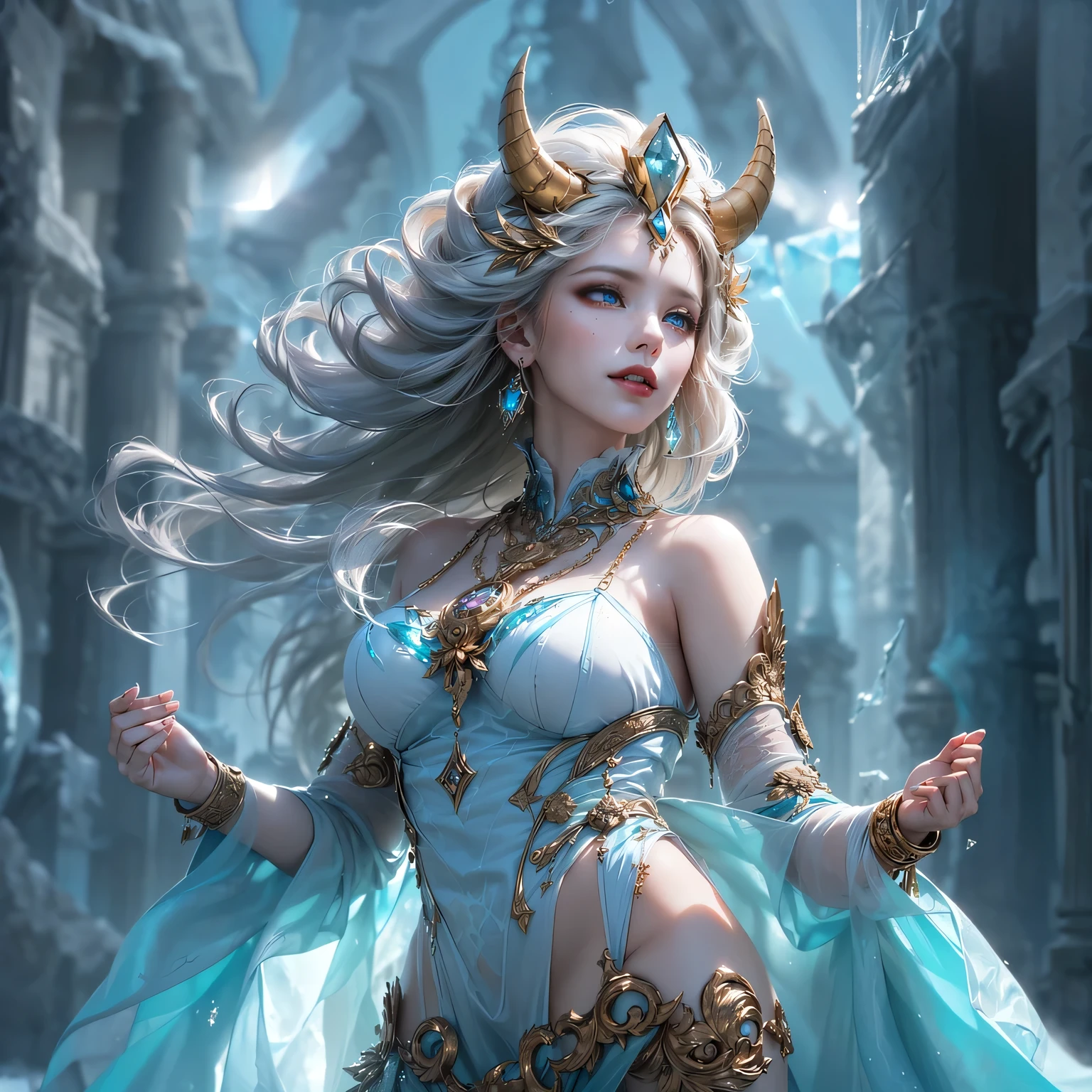 Ethnic style girl, wearing silver crown on her head, silver oval earrings on earhooks, full body portrait, body ratio (1::3), background is stone forest, Chinese stone forest, Kunming stone forest, full body portrait, national costume, Chinese style illustration, heads-up perspective, super detail, 4K picture quality, cartoon style