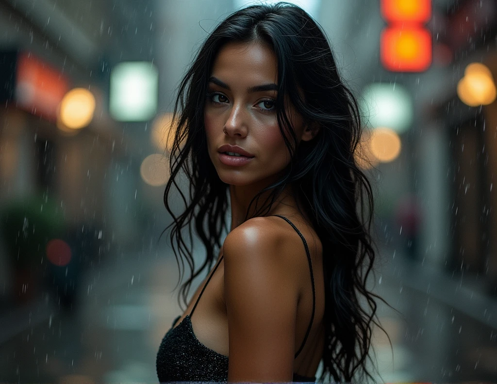 Random Pose, mix4, (8K, RAW photo, best quality, masterpiece: 1.45), (Realistic, photorealistic: 1.37), One girl, cute, cityscape, night, rain, wet, professional lighting, photon mapping, radiosity, physically based rendering, gradient black hair, long hair, handsome, girl, t-shirt, top quality photos, high resolution, 1080p, (Clear Face), (Detailed Face Description), (Detailed Hand Description), (Masterpiece), (Exquisite CG), Extreme Light and Shadow, Tousled Hair, Masterpiece, Rich Detail, (Fine Facial Features), (Best Quality Photo), (Masterpiece), (Fine Eyes), Look In Front of You, Fine Clavicle,