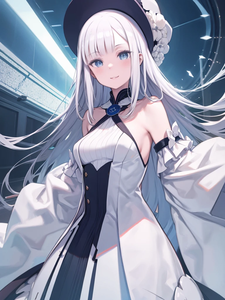 Long silvery-white hair and waist,Scattered hair curtain,2 Hair Curtains,deep purple eyes,highlight,loving students,gorgeous turn,like dancing,Dark Blue Sailor Dress Off Shoulder Dress,When she turned around, her skirt fluttered.,I can see a little bit of white bloomers,light blue bowtie,crystal hairpin,under the starry night sky,,Chiquita,medium meat,